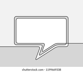 One line drawing of speech bubble, Black and white vector minimalistic linear shape made of continuous line rectangular with round corners on grayscale background