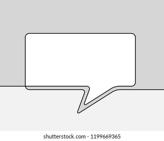 One line drawing of speech bubble, Black and white vector minimalistic linear shape made of continuous line rectangular with round corners on grayscale background
