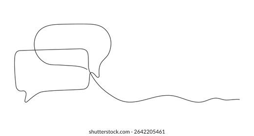 One line drawing of speech bubble icon. Minimalist chat cloud, comic comment or thought symbol in linear doodle style. Editable stroke vector for messaging or dialogue concept.