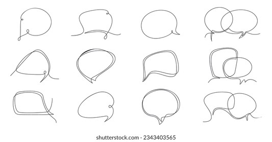 One line drawing speech bubbles, text bubble. Line argument, feedback or communication frames. Business chat messages, talk decent vector elements