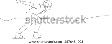 One line drawing of a speed skater in racing suit and helmet on ice. Minimalist linear illustration. Winter sports and games concept. 