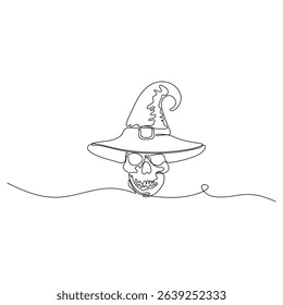 One line drawing of a spooky skull wearing a witch hat. Minimalist Halloween illustration with continuous black line art style on white background. Creepy and festive design.