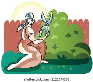 Dibujo de una línea de limpieza de primavera en el jardín.
Una línea continua de corte de hojas de las mujeres.

