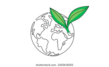 One line drawing of sprout growing from Earth. World Nature Conservation Day concept. Eco-friendly planet, sustainability, and green growth symbol. Minimalist vector line art.