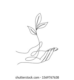 One line drawing sprout in hand  Continuous line growing plant in hand palm  Hand  drawn illustration  Vector 