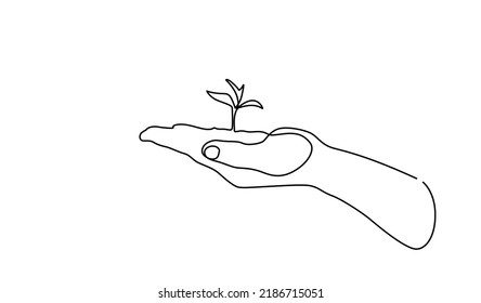One line drawing of sprout in hand. Continuous line growing plant in hand palm. Hand-drawn illustration. Single continuous line drawing hands of the farmer are planting the seedlings into the soil.