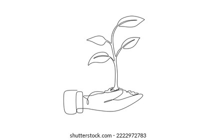 One line drawing of sprout in hand. Continuous line growing plant in hand palm. Hand-drawn illustration. Vector.