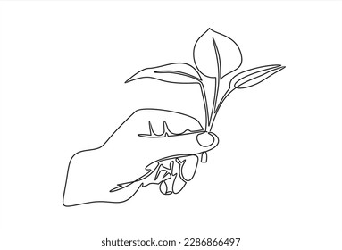One line drawing of sprout in hand. Continuous line growing plant in hand palm. Hand-drawn illustration. Vector.
