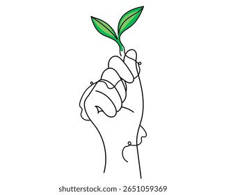 Dibujo de una línea de brote en la mano. Arte de línea continua de la planta en crecimiento sostenida en la palma. Símbolo de cuidado, crecimiento y naturaleza. Ilustración vectorial dibujada a mano, diseño minimalista y limpio.