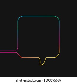 One line drawing of square speech bubble, Rainbow colors on black background vector minimalistic linear illustration made of continuous line