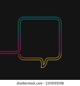 One line drawing of square speech bubble, Rainbow colors on black background vector minimalistic linear illustration made of continuous line