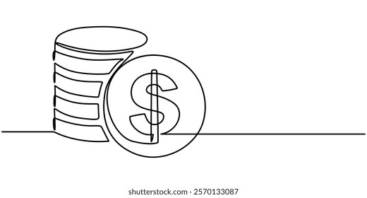 one line drawing stack of coin money currency vector illustration template design, Monetization Continuous Line Editable Stroke Line, Continuous one line drawing of dollar sign Minimalism design.