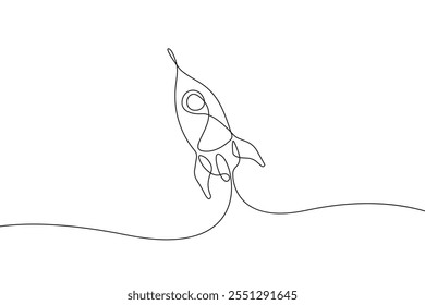 One Line Drawing of Start of Rocket. Continuous Line of Shuttle in Minimalist Style. Black Line Hand Drawing of Business Startup Concept. Doodle Linear Vector Art Illustration. Not AI