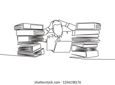 One line drawing of stressed young manager facing stack of reports. Continuous line drawing of frustration and despair worker concept. Vector illustration design