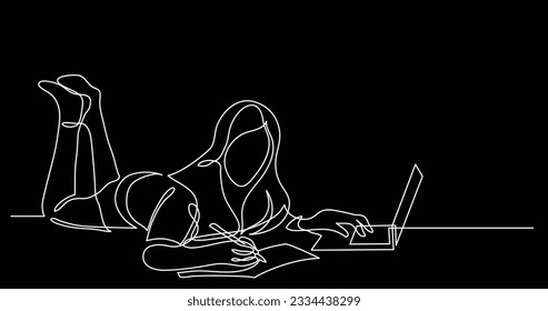 one line drawing of student lying on floor with laptop learning from home