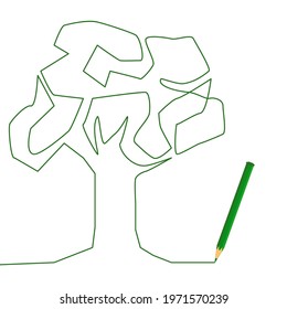 One line drawing style of a big tree with a green pencil isolated on white background.