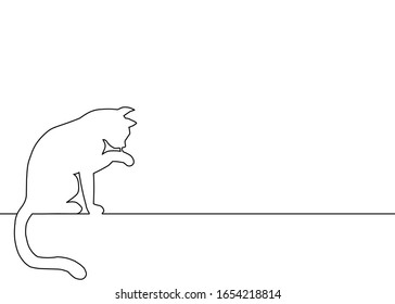 One line drawing style of a cat that licking herself on the floor. There’s a copy space for your text.