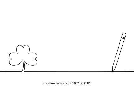 One line drawing style of a clover leaf with a pen that writing on the right. Concept about St.Patrick’s Day.