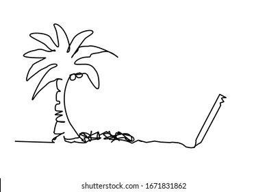 One line drawing style of a coconut tree .It’s hand drawing isolated on white background. There is a copy space for your text.