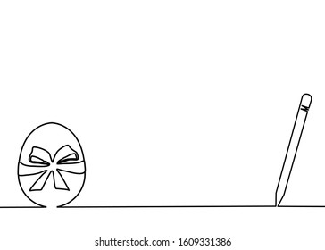 One line drawing style of an Easter egg isolated on white background. There’s an egg with ribbon bow on the left and a pencil on the rightist.