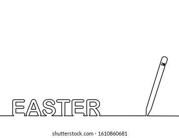 One line drawing style of Easter wording and a pen isolated on white background. There’s a copy space for your text.