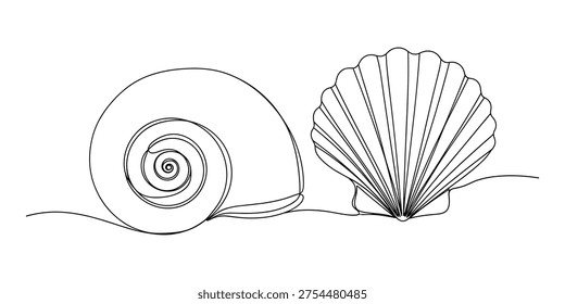 Estilo de dibujo de una línea con dos conchas marinas diferentes, arte lineal continuo para decoración de playa, boceto de Vector de concha de molusco minimalista