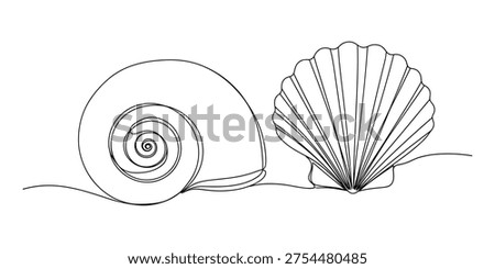 One line drawing style featuring two different sea shells, continuous line art for beach decor, minimalist mollusk shell vector sketch
