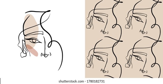One line drawing style female portrait and seamless pattern collection.