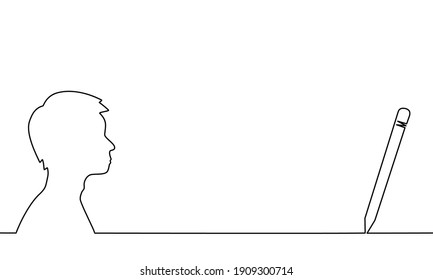 One line drawing style of a man on the left and a pen on the right. They’re closed together. Concept about 