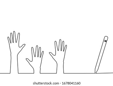 One line drawing style of a pen that drawing hands shape isolated on white background. There’s a copy space for your text.