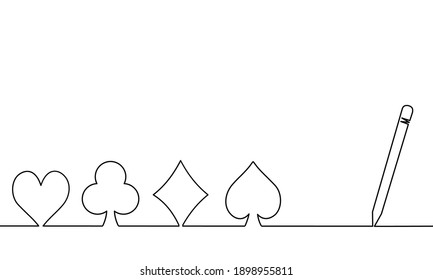 One line drawing style of a pen that drawing a set of card symbols, heart, club, diamond and spade. They’re isolated on white background and there’s a copy space for your text.