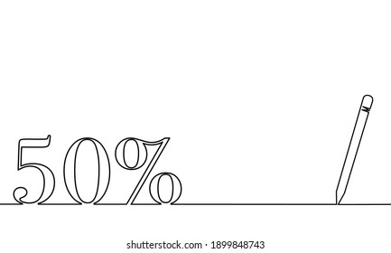One line drawing style with a pen on the right and 50% on the left. Concept about writing, simply, discount and marketing and business.