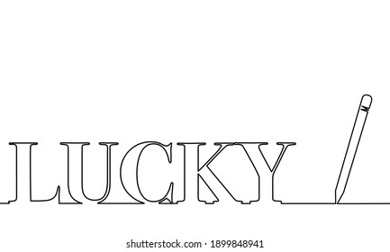 One line drawing style with a pen on the right and LUCKY on the left. Concept about writing, simply, beginning or education.