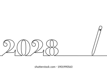 One line drawing style with a pen on the right and 2028 on the left, the year of the lord. Concept about writing, simply, yearly, celebrating, anniversary and etc. 