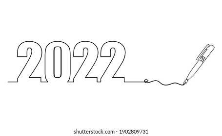Estilo de dibujo de una línea con una pluma a la derecha y 2022 a la izquierda. Concepto sobre escribir, simple, anual, celebrar, aniversario, etc.
