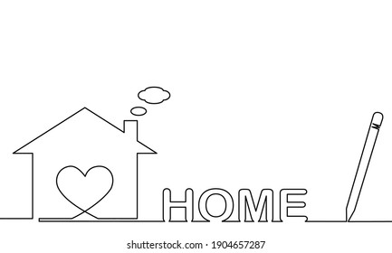 Estilo de dibujo de una línea con un bolígrafo a la derecha y una chica con bikinis a la izquierda. Concepto de vivienda, construcción, familia, residencial, inmobiliario, etc. 