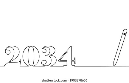 Ein Zeilenziehstil mit einem Stift auf der rechten Seite und 2034 auf der linken Seite, das Jahr des Herrn. Konzept zum Schreiben, einfach, jährlich, Feiern, Jubiläum und so weiter. 