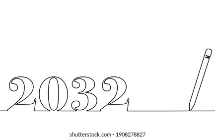 One line drawing style with a pen on the right and 2032 on the left, the year of the lord. Concept about writing, simply, yearly, celebrating, anniversary and etc.  svg