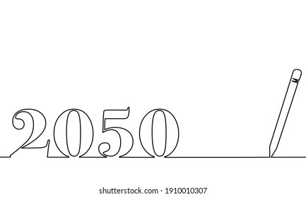 One line drawing style with a pen on the right and 2050 on the left, the year of the lord. Concept about writing, simply, yearly, celebrating, anniversary and etc. 