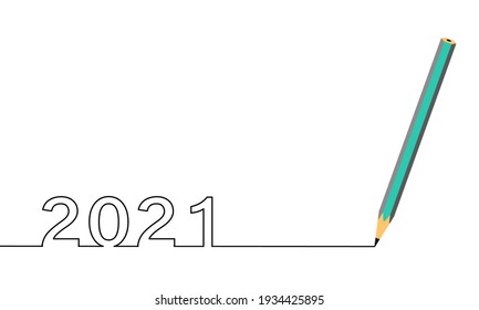 Ein Zeilenziehstil mit einem Stift auf der rechten und 2021 auf der linken Seite, das Jahr des Herrn. Konzept zum Schreiben, einfach, jährlich, Feiern, Jubiläum und so weiter.