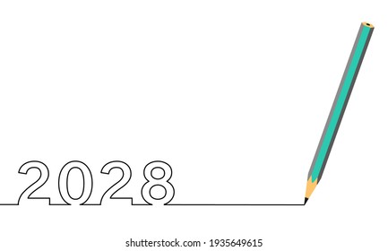 One line drawing style with a pen on the right and 2028 on the left, the year of the lord. Concept about writing, simply, yearly, celebrating, anniversary and etc.