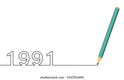 One line drawing style with a pen on the right and 1991 on the left, the year of the lord. Concept about writing, simply, yearly, celebrating, anniversary and etc.