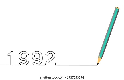 One line drawing style with a pen on the right and 1992 on the left, the year of the lord. Concept about writing, simply, yearly, celebrating, anniversary and etc.