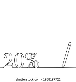 One line drawing style of a pen that writing 20% isolated on white background. There’s a copy space for your text.