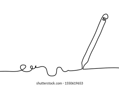 One line drawing style of a pencil that drawing a line isolated on white background. There’s a copy space for your text.