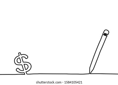 One line drawing style of a pencil that drawing a line as a dollar sign isolated on white background. There’s a copy space for your text.