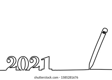 One line drawing style of a pencil that drawing a line as a number of '2021'. It's mean the year AD 2021 in the year of the Lord isolated on white background. There’s a copy space for your text.