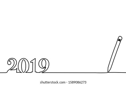 One line drawing style of a pencil that drawing a line as a number of '2019’ It's mean the year AD 2019 in the year of the Lord isolated on white background. There’s a copy space for your text.