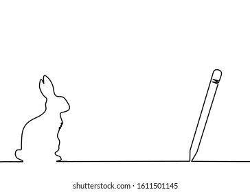One line drawing style of a rabbit isolated on white background. Concept about Easter Day. There’s a pen on the right and a rabbit on the left.