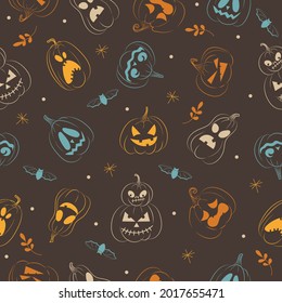 One line drawing style. Seamless pattern for Halloween with emoticon pumpkins, bats. Flat style vector spooky creepy pumpkins. Good for packing, prints, wallpaper, textile. Fall halloween doodles